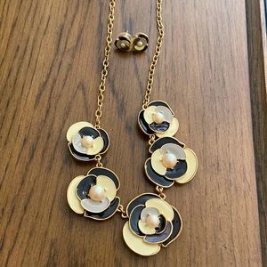 Kate Spade black cream gold enamel flower necklace and stud earrings